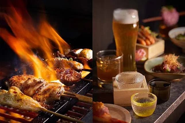 Assorted Japanese skewers set including chicken wings and pork with leek