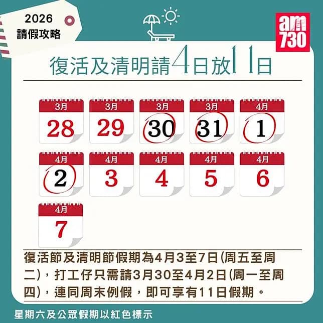 2026年公眾假期請假攻略｜（am730製圖）