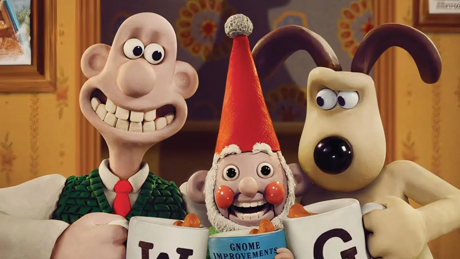 Wallace and Gromit stand with a garden gnome, capturing the quirky British humor of Vengeance Most Fowl