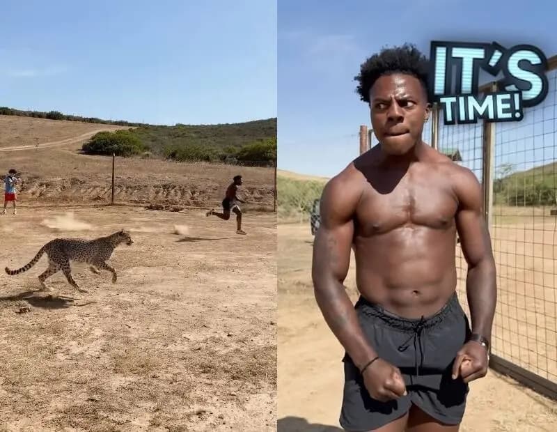 YouTube网红IShowSpeed与猎豹荒野赛跑的现场画面，可见其大腿的抓伤血痕