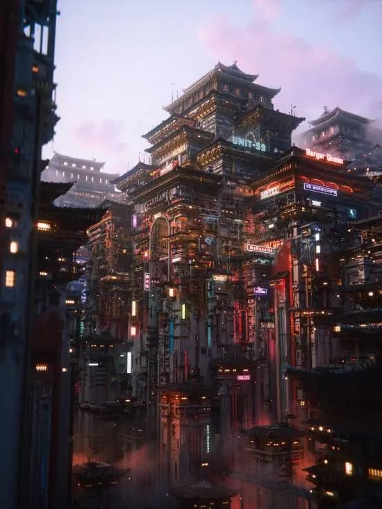 《我的世界》玩家打造的赛博朋克城市全景，高楼林立霓虹闪烁科技感十足