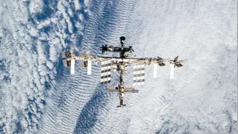 Wide shot of the ISS as it travels around our planet