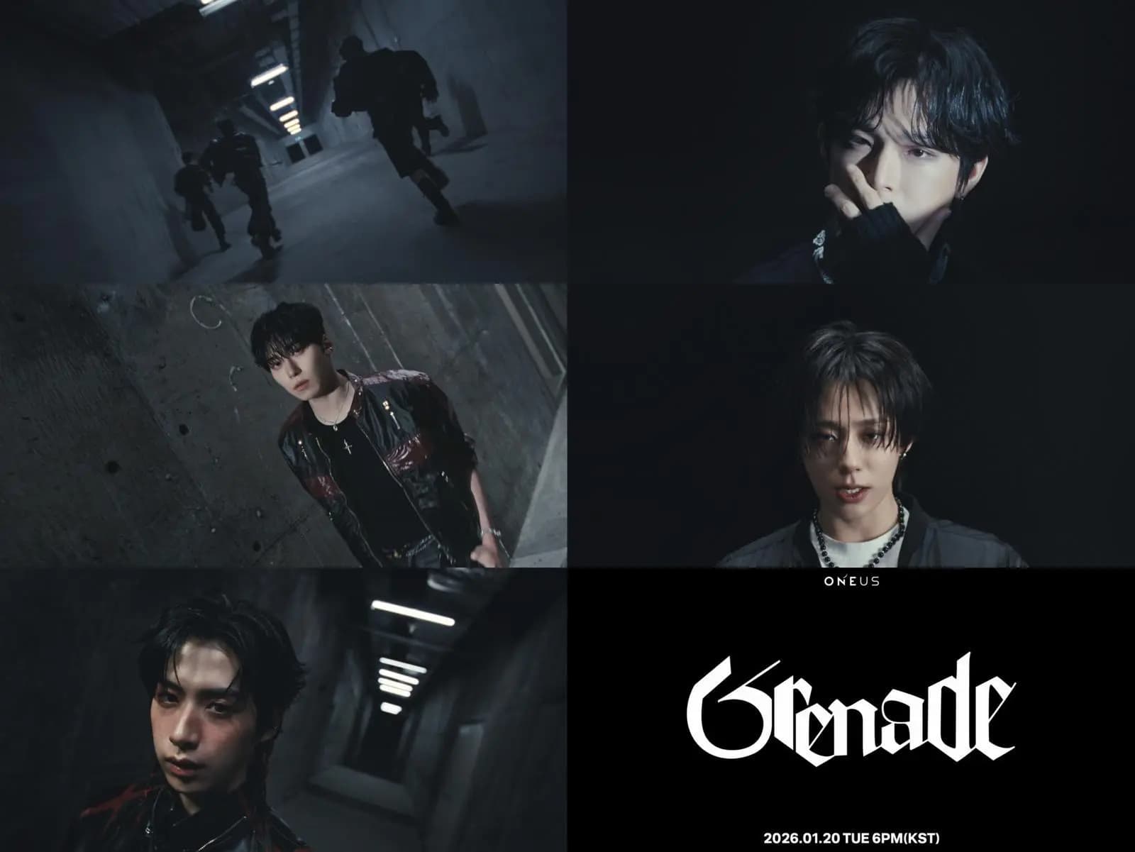 ONEUS组合成员在新专辑《原》MV预告中于地下通道疾驰奔跑的画面