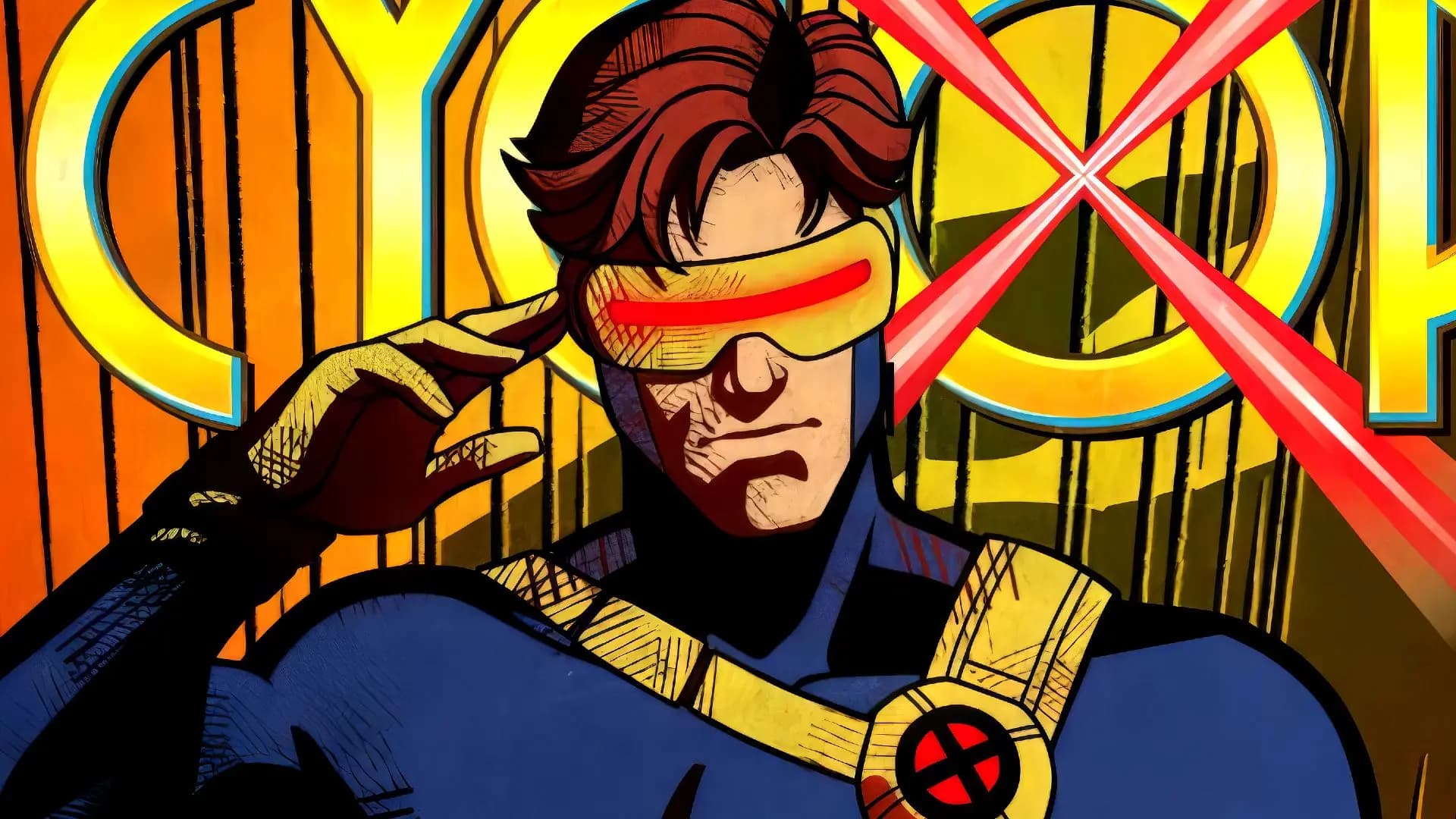 Cyclops from X-Men 97 activating his visor and preparing to fire an optic blast