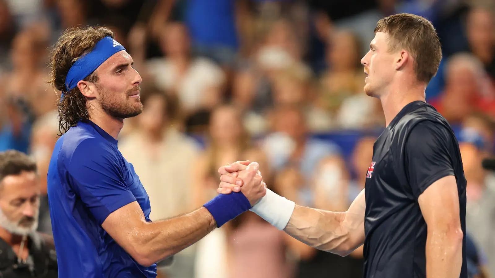 Billy Harris and Stefanos Tsitsipas shake hands after their intense United Cup singles match, with Harris being a late bloomer in top-level tennis