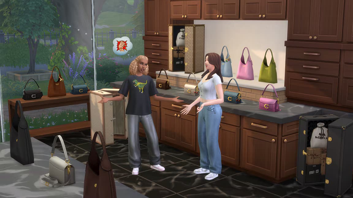 Sims 4模拟工坊中可下载的“箱包世界”房间展示,陈列着各种蔻驰箱包